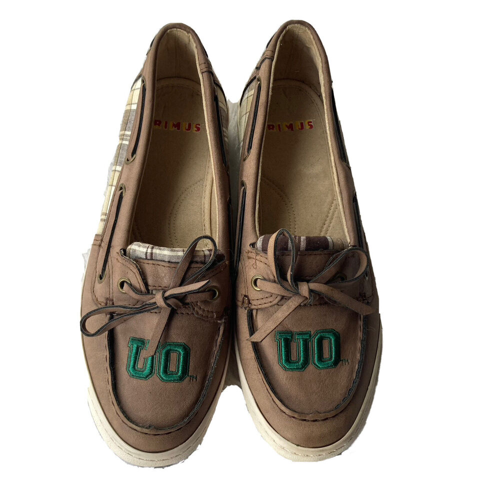 Primus Camp Shoes U of O Ducks Sz 7 Loafers Plaid Brown Green Oregon College Fun